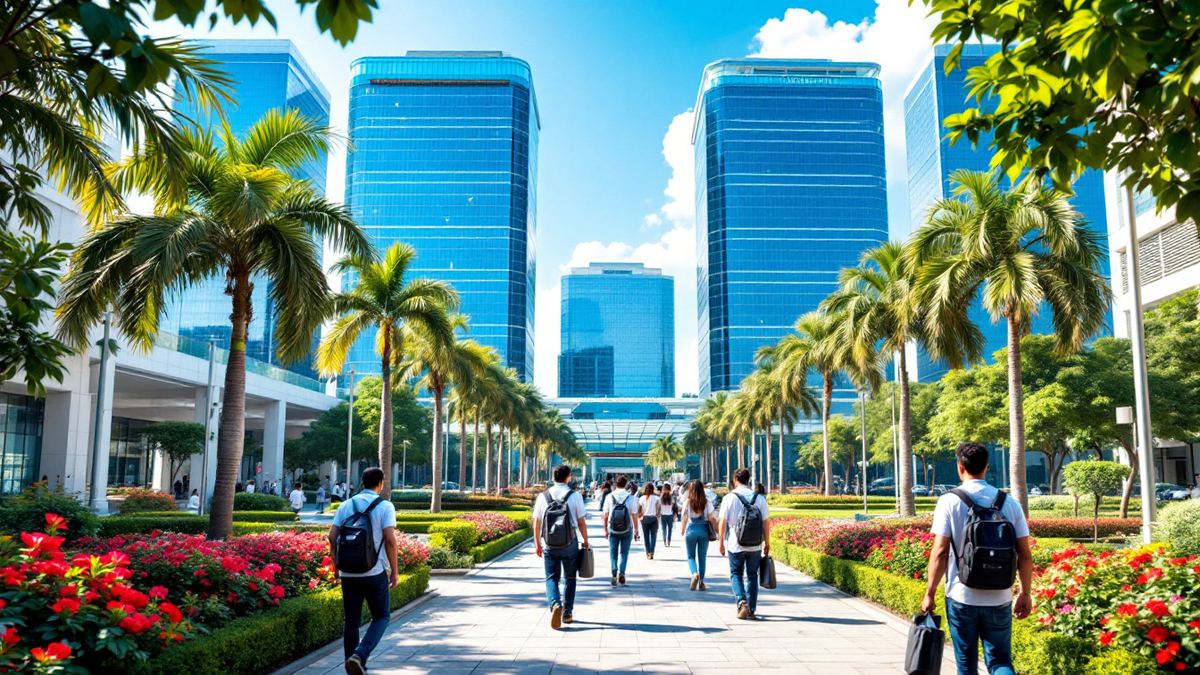 Employees in casual clothes seen from behind walking toward glass office towers in a sunny technology park in India