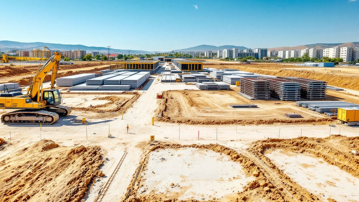 A cleared construction site with excavators and stacked steel beams on open land at the edge of a city