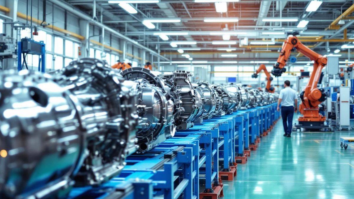 Hybrid transmission housings on a blue assembly line with orange robot arms and a technician far down the line