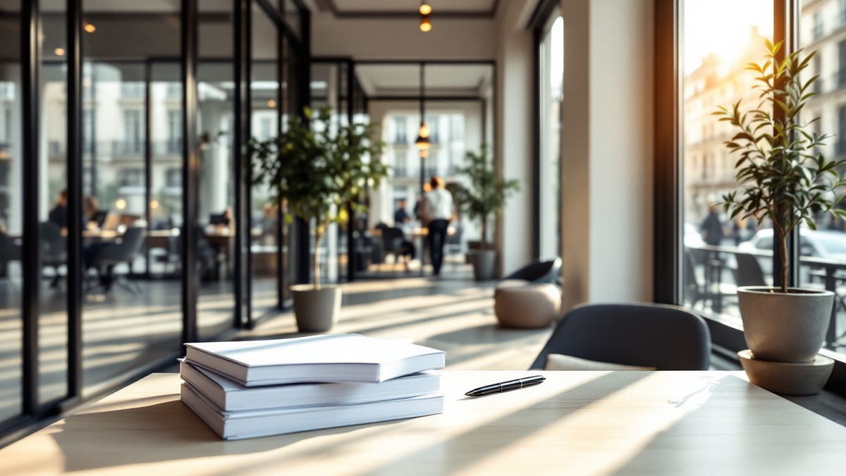 Blank contract folders and a pen on a pale wooden counter in a bright Paris recruitment office
