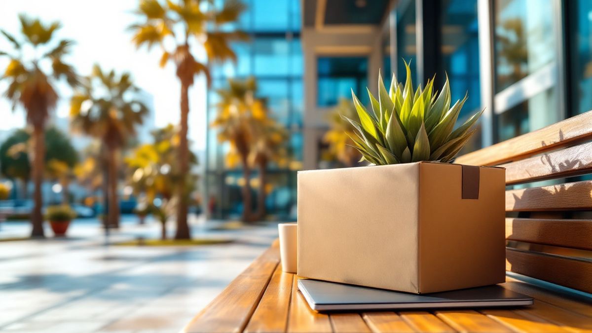 A cardboard box with a plant, a mug and a closed laptop on a wooden bench outside a glass office building in Tel Aviv