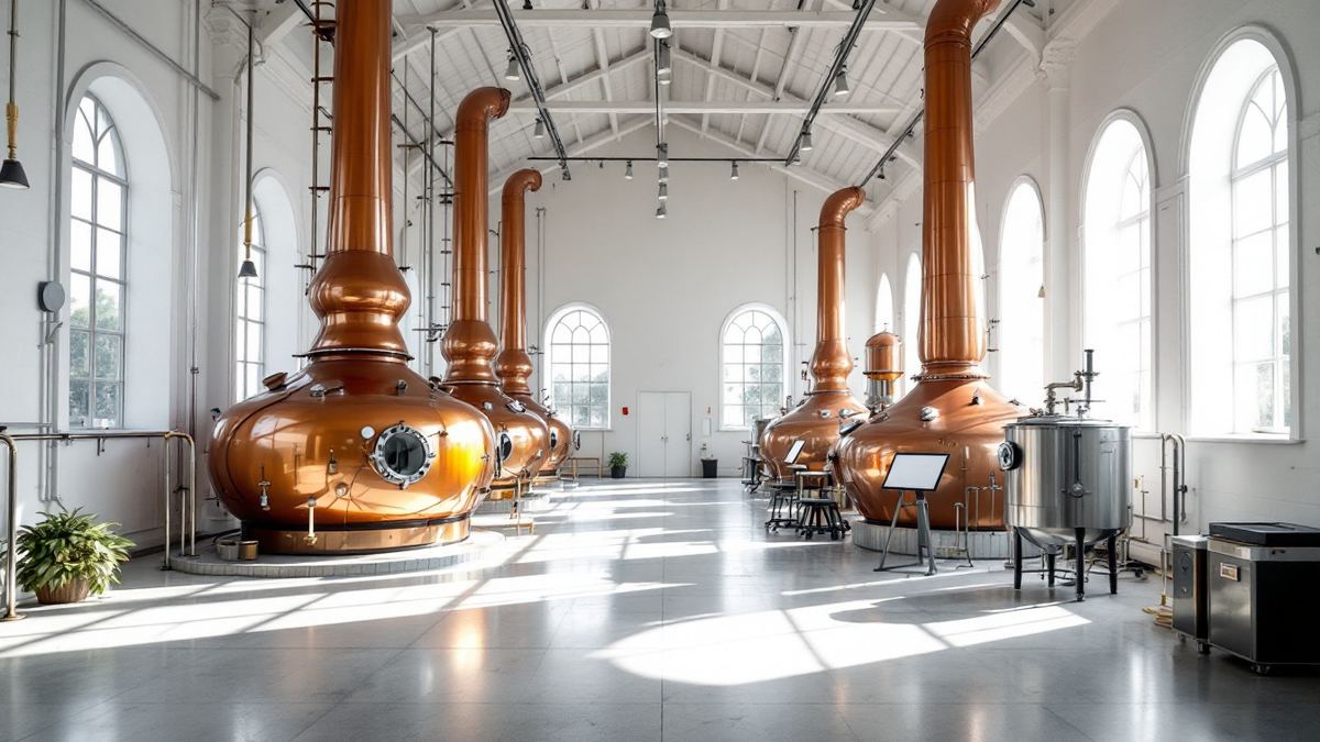 Tall polished copper pot stills in a bright white whisky distillery still house with arched windows