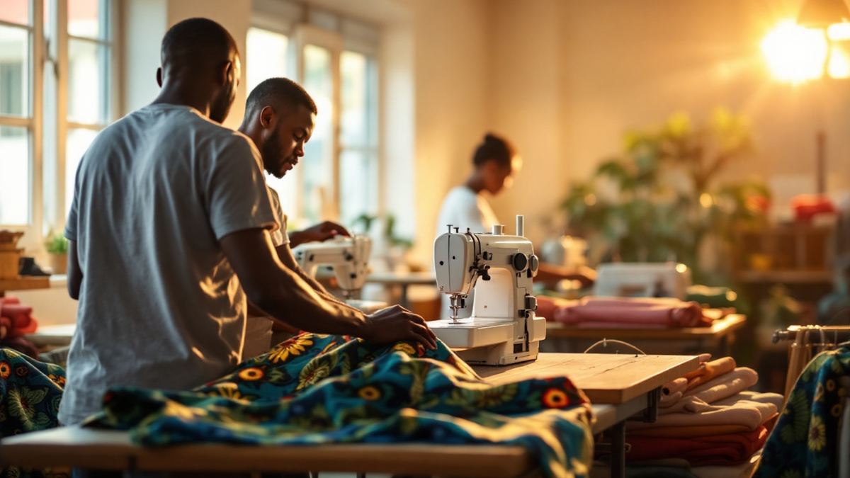 A tailor seen from behind setting a new sewing machine on a worktable beside colourful ankara fabric in a sunlit Lagos workshop