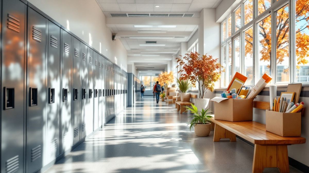 A cardboard box of classroom supplies on a wooden bench in a bright school hallway with autumn maple trees outside
