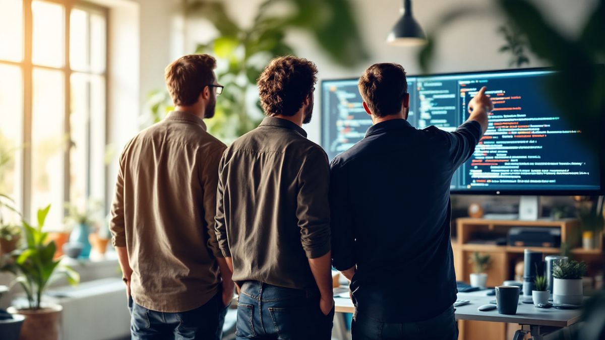 Three software engineers in casual clothes seen from behind reviewing code together on a large monitor