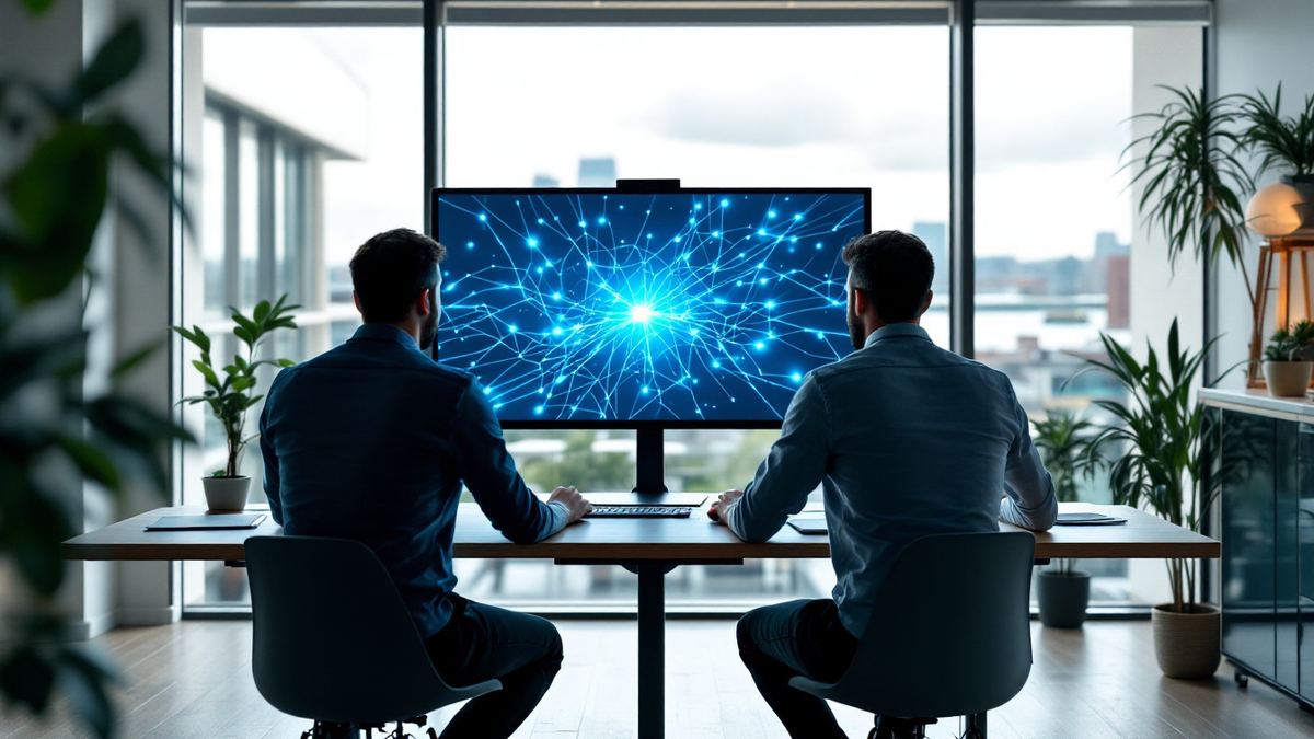 Two engineers seen from behind working with a customer on a large monitor in a bright Dublin tech office