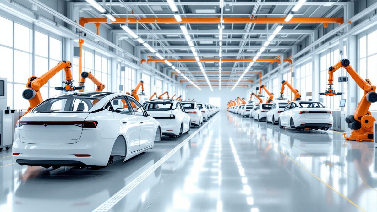 Rows of new white electric cars and orange robotic arms on a bright car assembly line