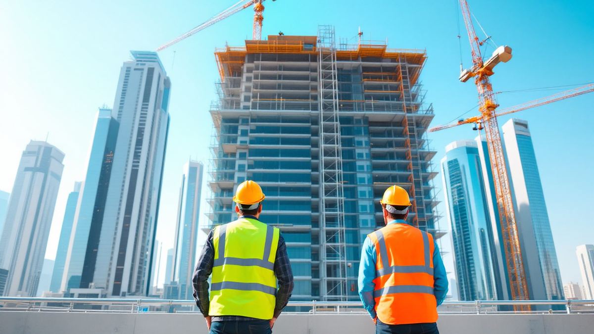 Two construction workers in hard hats and hi-vis vests seen from behind looking at a high-rise under construction