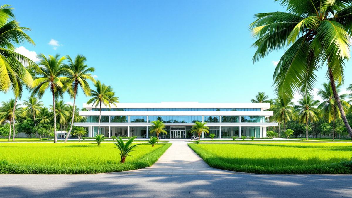 A modern software company campus building among palm trees and green fields in rural Tamil Nadu