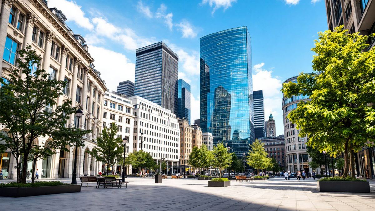 Glass office towers above a tree-lined pedestrian plaza in a London financial district on a sunny day