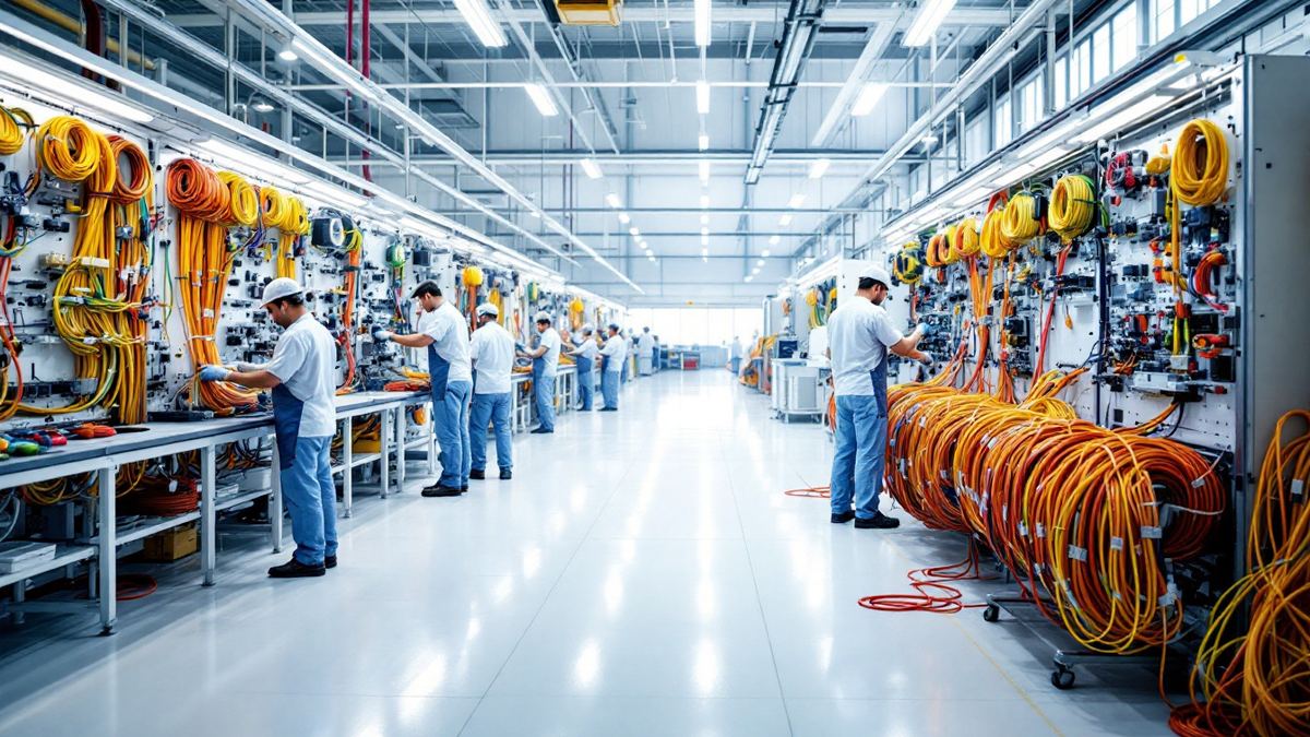 Technicians routing colourful aircraft wiring harness cables on assembly boards in a bright aerospace workshop