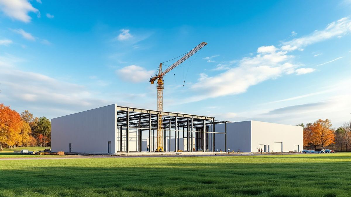 Two large new factory buildings under construction with a tower crane in green Virginia countryside