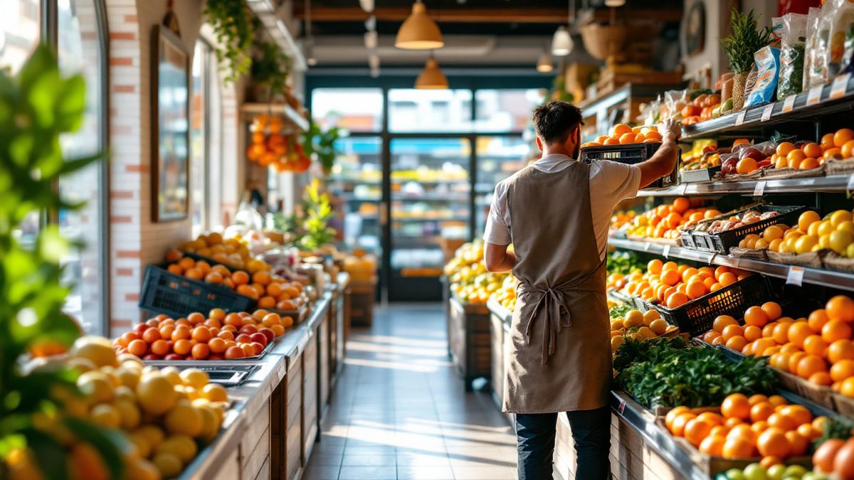 A supermarket worker seen from behind stocking oranges on a fresh produce display in a sunny Spanish shop