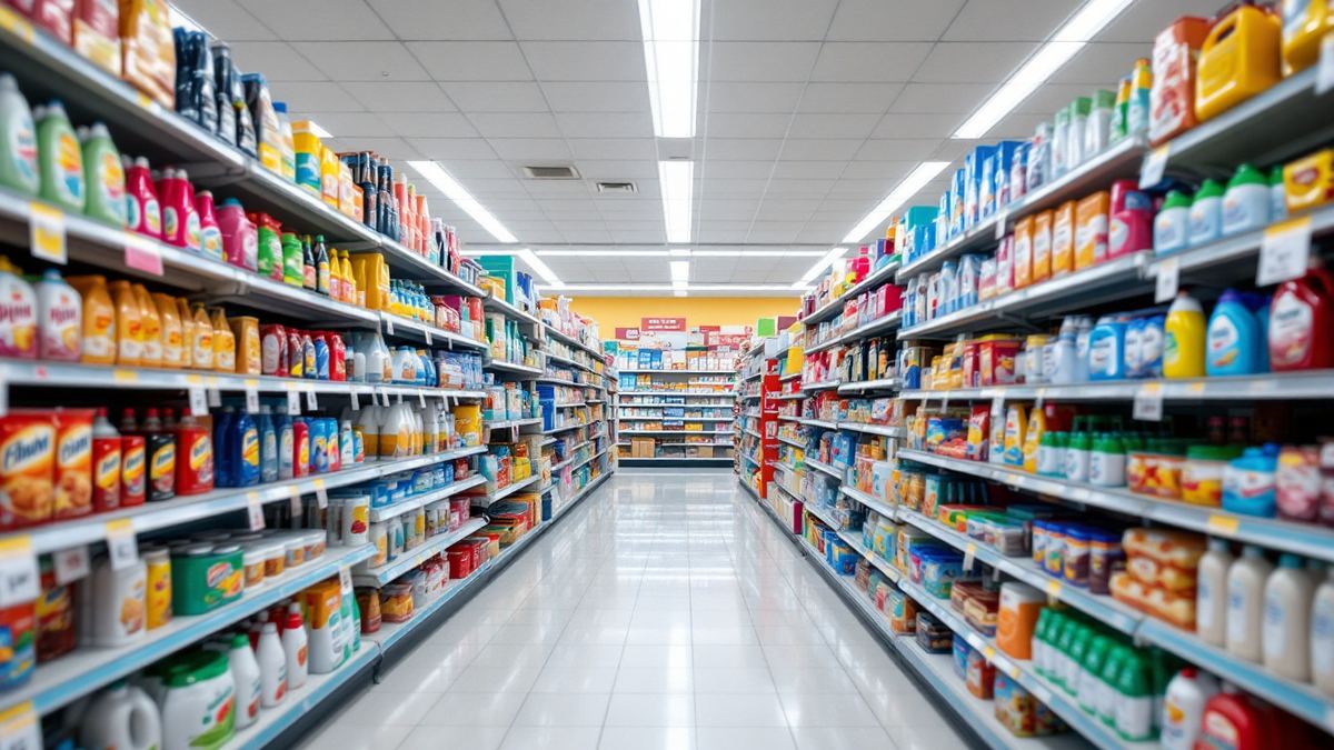 An empty discount variety store aisle with tall shelves of colourful household goods