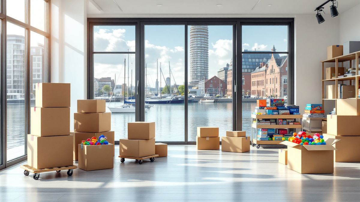 Stacked cardboard moving boxes and boxed toys in an office with a sunny harbour view