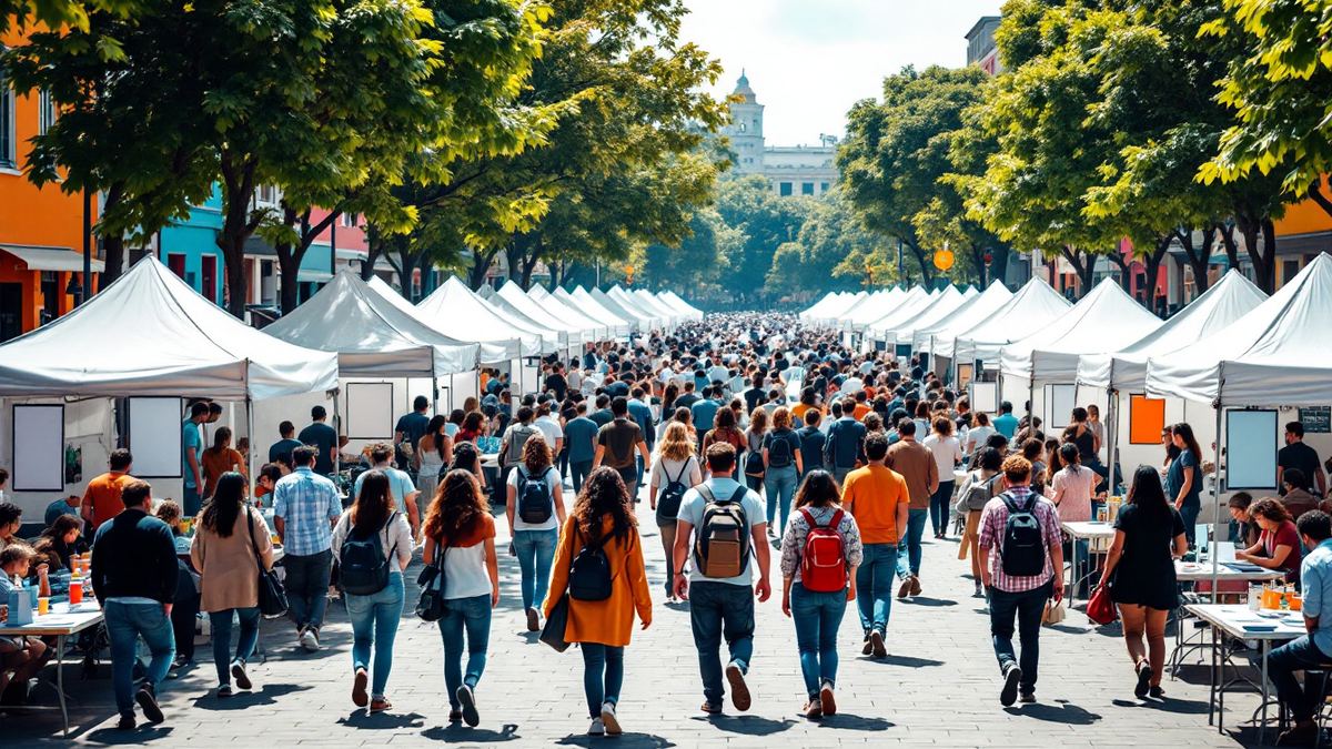 Young people seen from behind walking between white tents at a busy open-air job fair in a city square