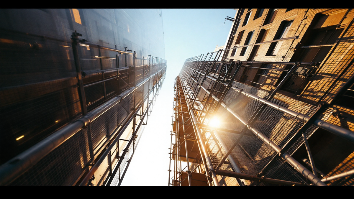 Scaffold tower seen from below against a building facade in golden morning light