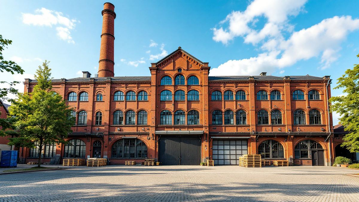 An old red-brick German factory with a tall chimney and a closed loading gate