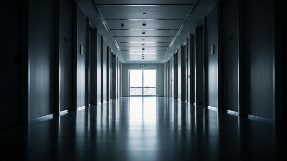 A long modern office corridor at dawn with daylight glowing at the far end and a reflective floor, evoking a measured, reassuring outlook on AI and jobs.