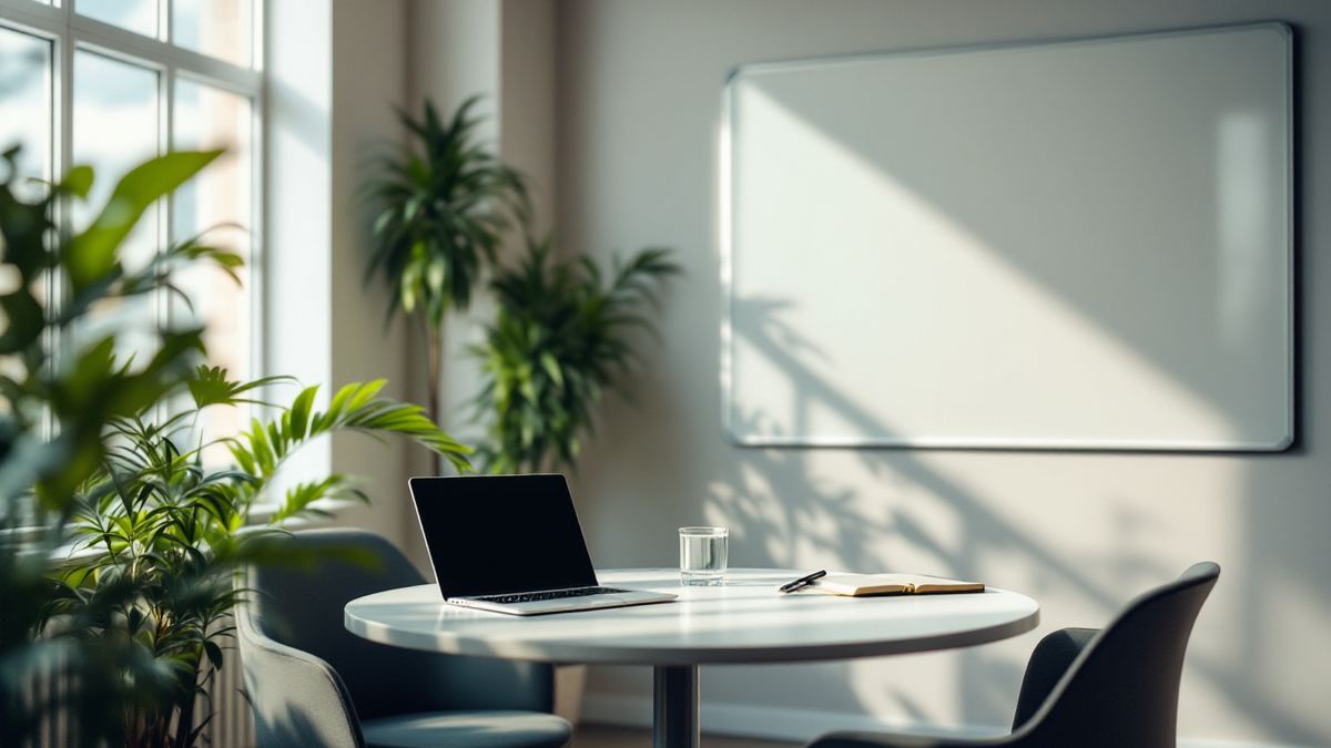 A small interview room with a laptop, a notebook and a blank whiteboard