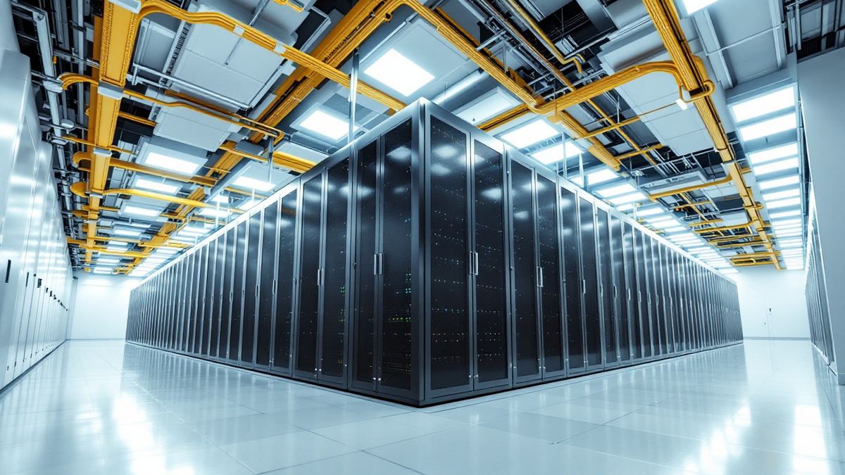 Rows of GPU server racks in a brightly lit AI data centre hall