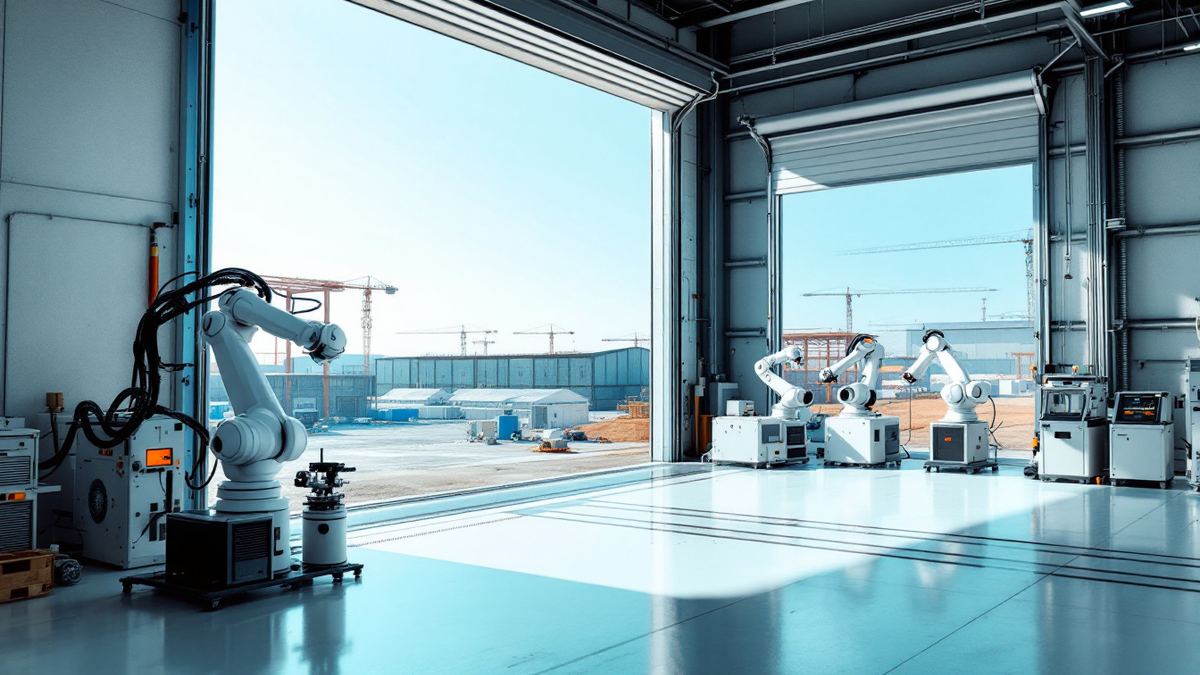 New robotics test hall, robot arms, park still being built outside