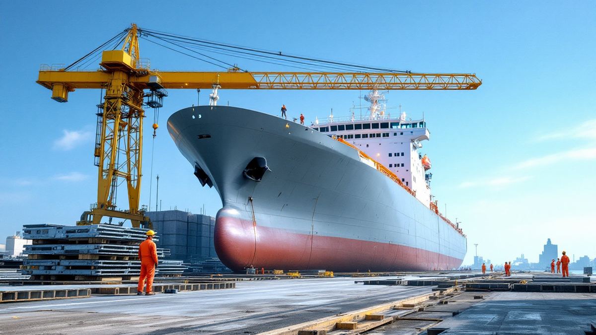 A grey cargo ship hull under a yellow gantry crane at a deep-water shipyard, with shipyard workers in orange overalls on the quay