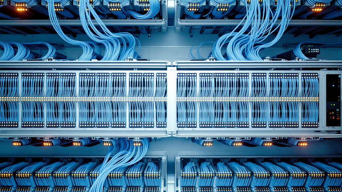 Overhead view of a hospital communications room, rows of network patch panels and blue cable bundles