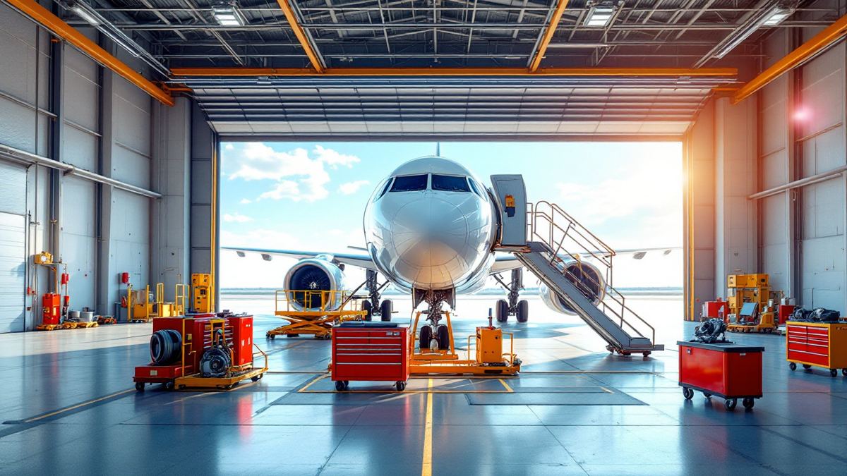 A passenger jet with its engine open inside a bright airport maintenance hangar