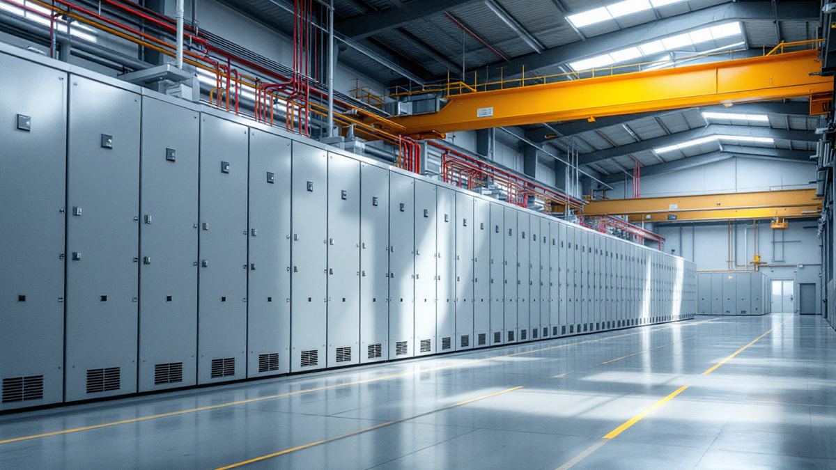 Factory floor of electrical panels and switchgear being built