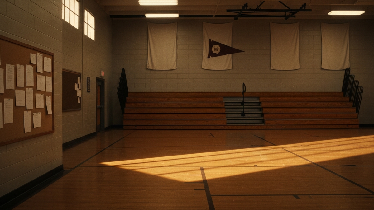 An empty high school gymnasium at dusk, evoking a resume built from school activities.