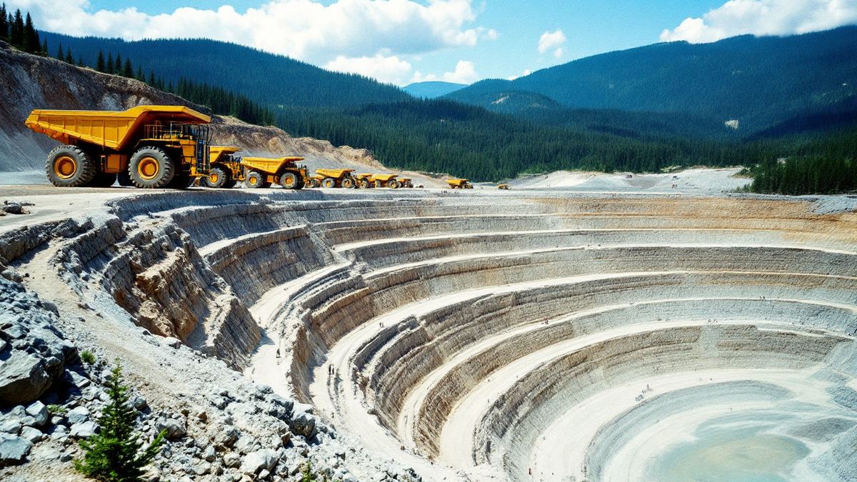Giant haul trucks parked idle at an open-pit copper mine in British Columbia
