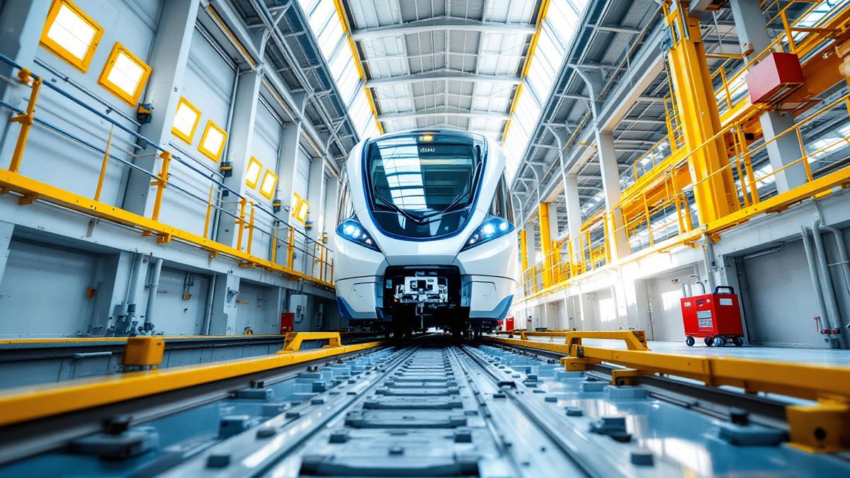 A metro train above an inspection pit in a bright maintenance depot