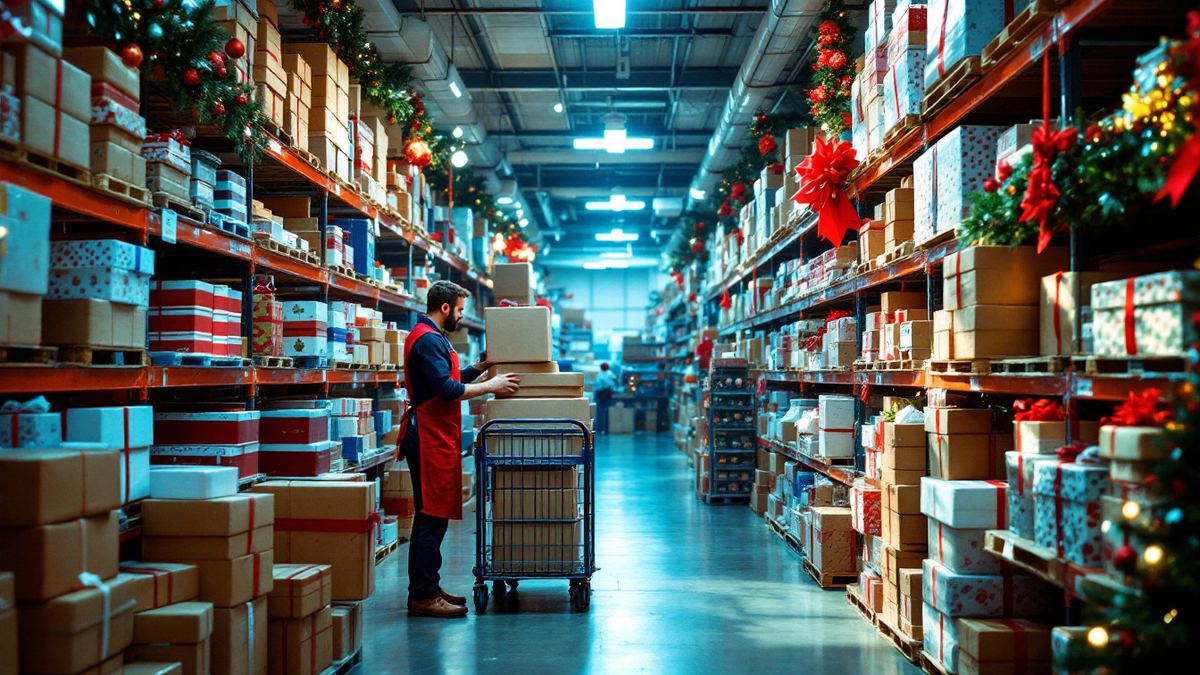 Seasonal worker in red apron stacking gift boxes in a stockroom