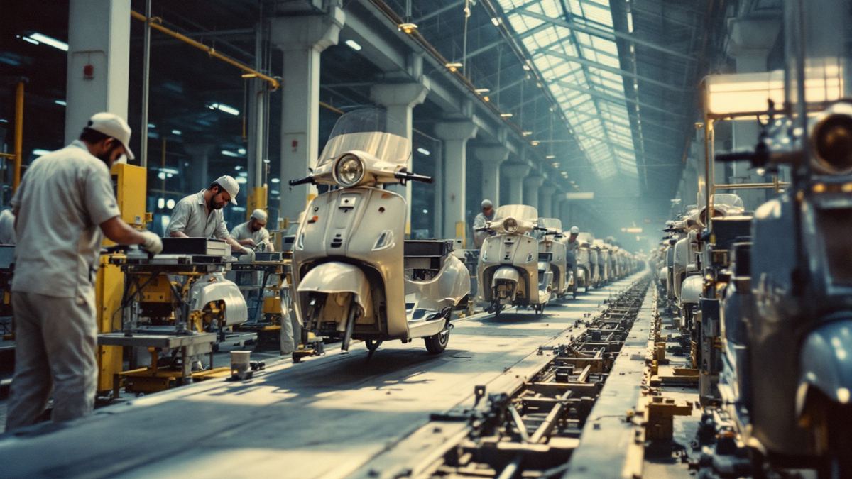Gujarat scooter assembly line, workers along the line, side view