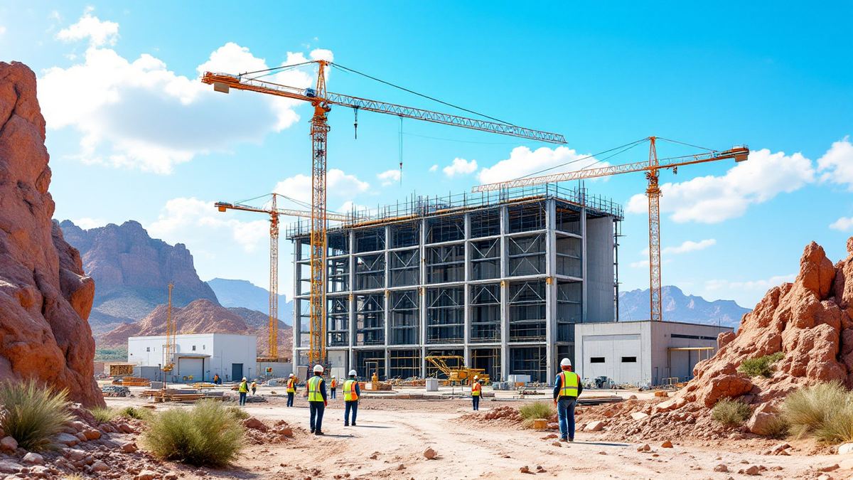 Steel frame of a new aerospace plant rising in the Arizona desert