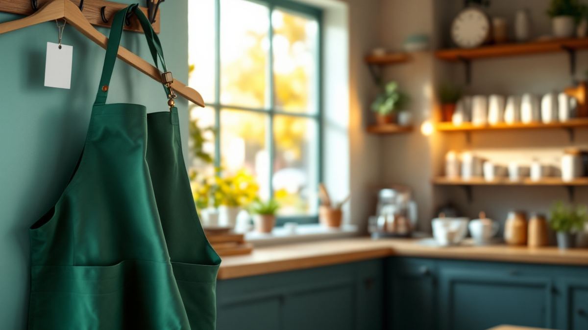 A fresh green apron hanging on a hook in a bright cafe back room
