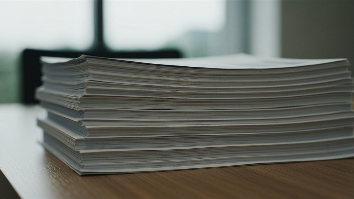 A tall stack of printed resumes on a desk, evoking deciding how long a resume should be.