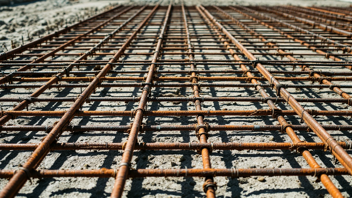 A grid of tied steel reinforcement bar laid out ready for a concrete pour