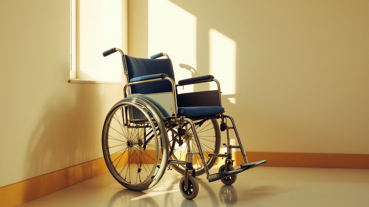 An empty hospital wheelchair parked beside a sunlit wall