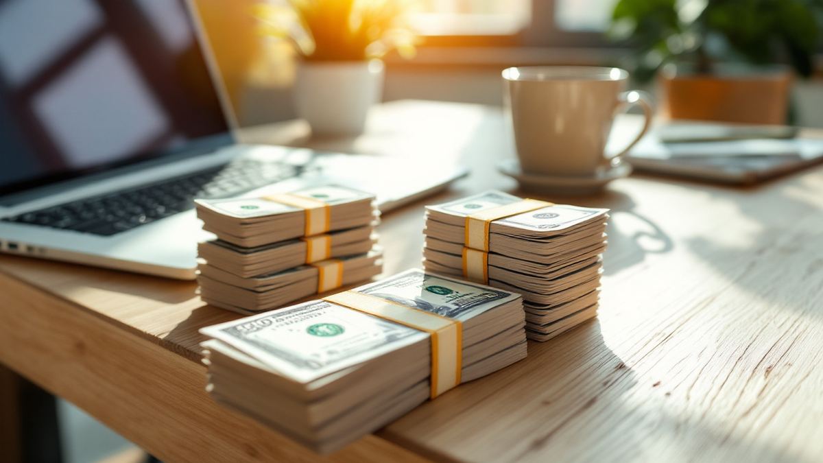 Stacks of US dollar bills on a sunny kitchen table beside a laptop, one stack smaller than the rest
