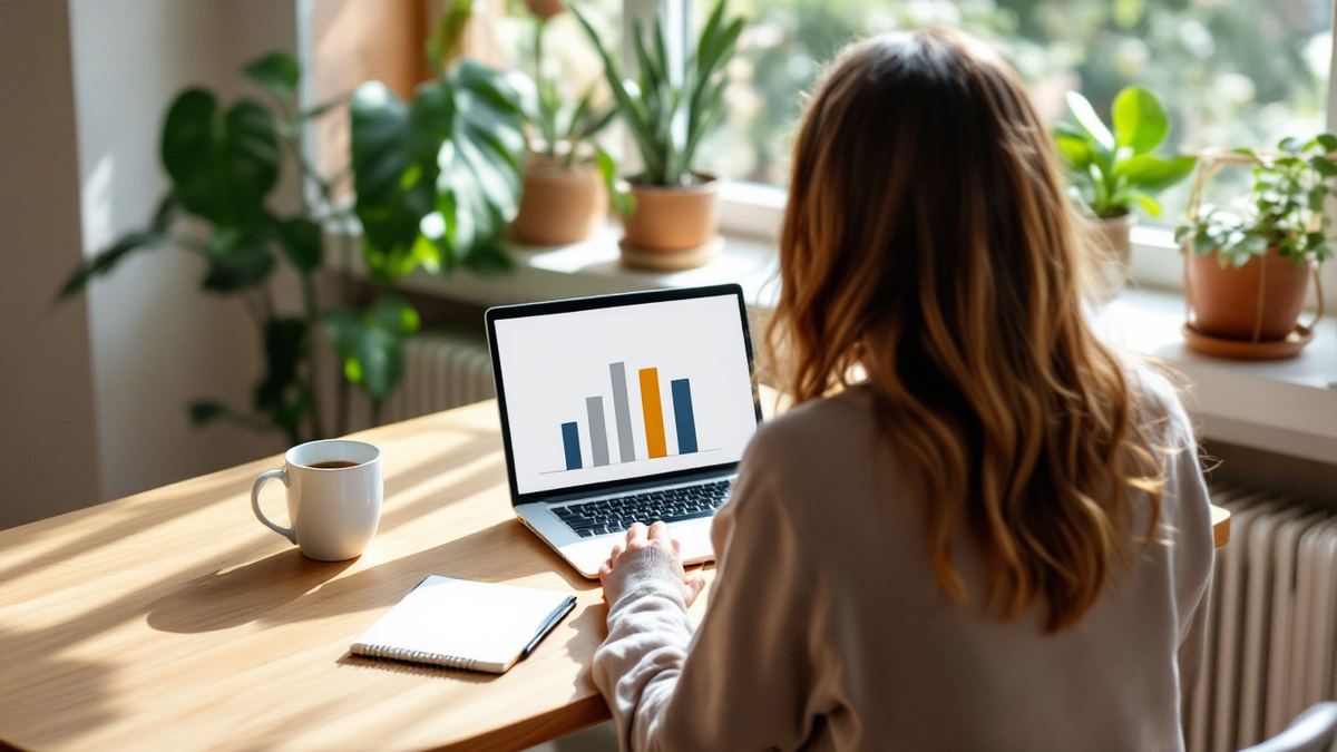 A woman seen from behind at a kitchen table looking at a bar chart on her laptop