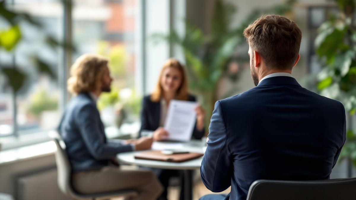 A job candidate seen from behind as an interviewer holds up a resume across the table