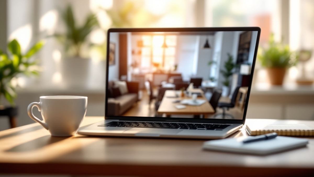 A laptop set up for a video job interview on a sunny kitchen table with coffee and a notebook