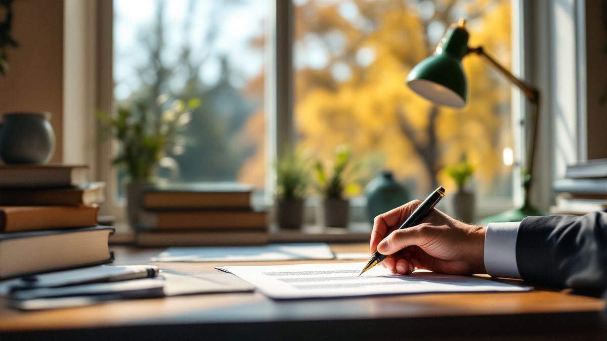 A hand signing a letter with a fountain pen at a professor's sunlit desk