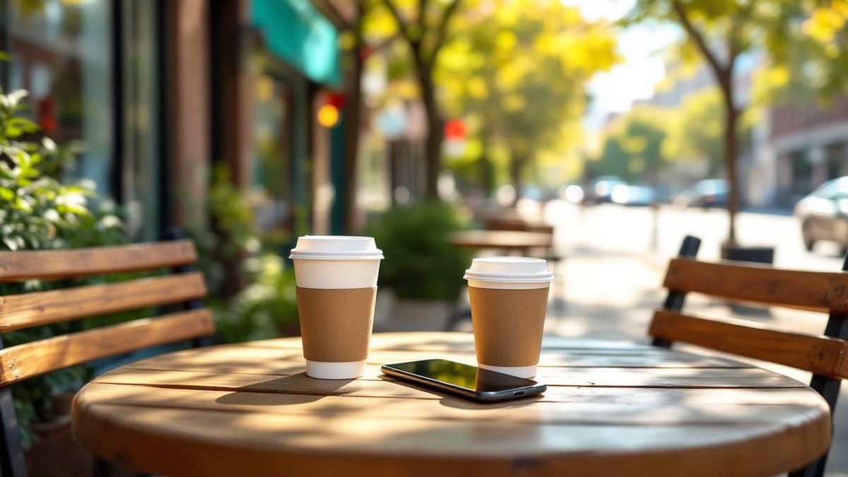 Two takeaway coffee cups and a phone on a sunny sidewalk cafe table, set for a catch-up