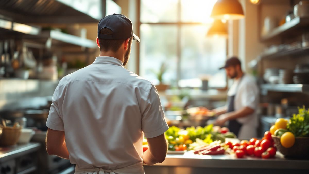 A line cook seen from behind in a sunny restaurant kitchen during morning prep