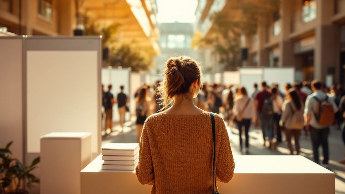 A recruiter seen from behind at a career fair booth facing students in a bright atrium
