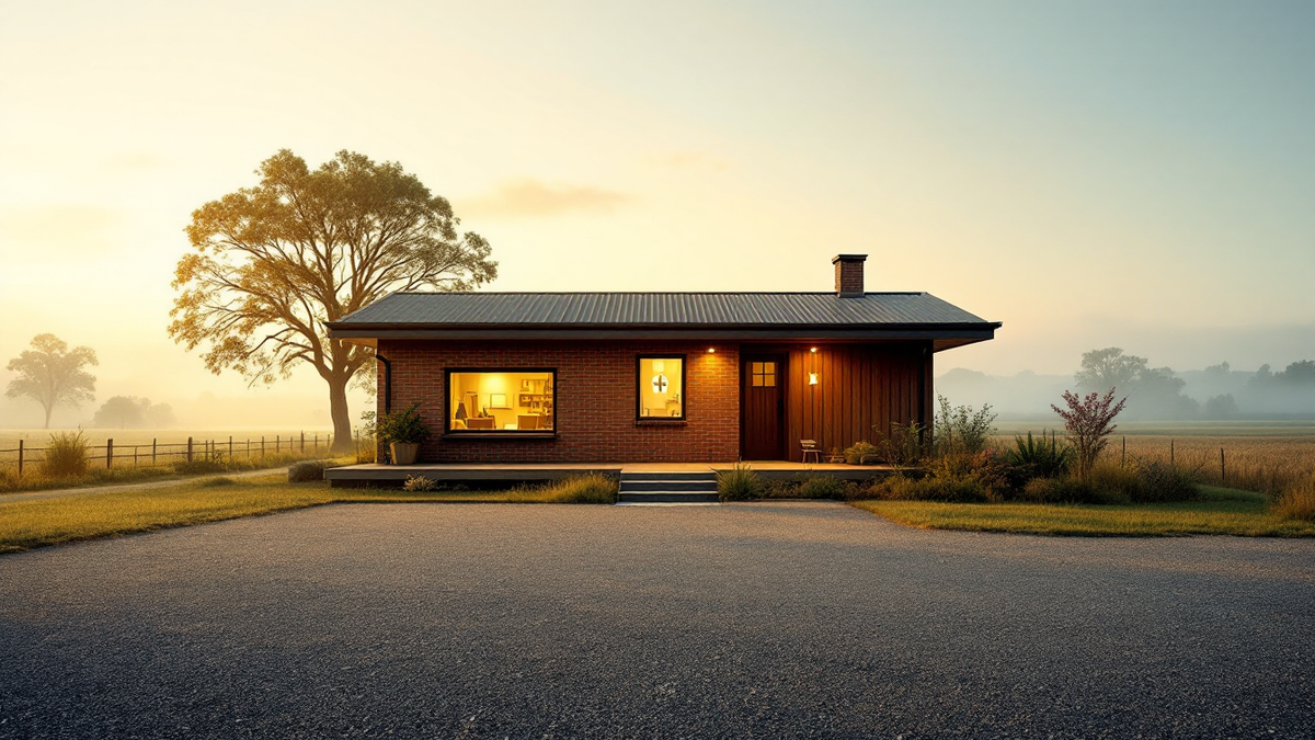 Small rural medical practice at dawn, one window lit, mist over open farmland behind