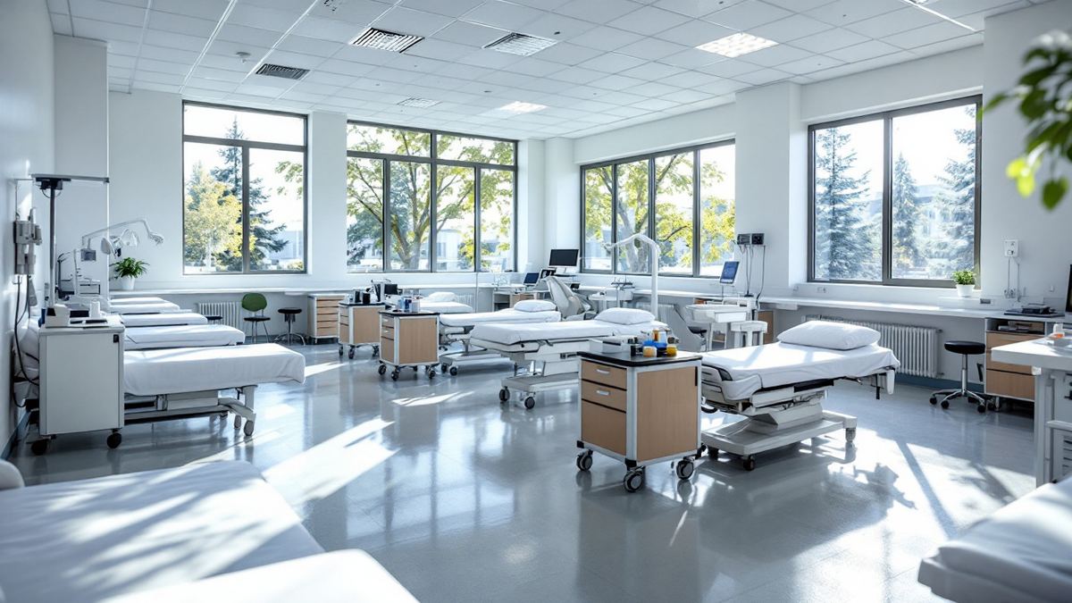 Exam beds and equipment carts in a bright clinical skills training lab at a community college